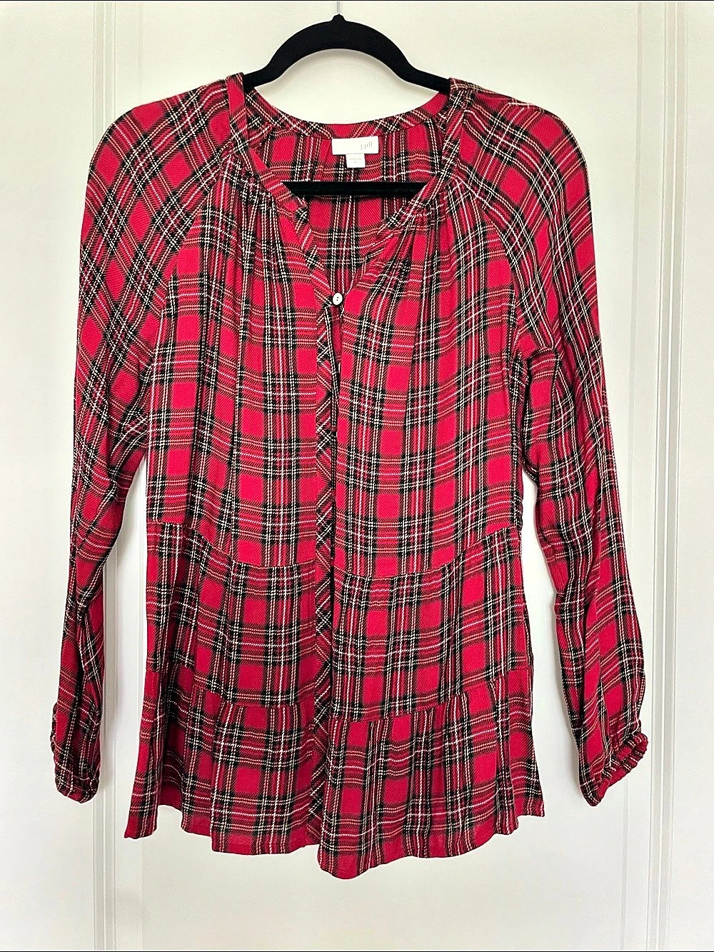 J. Jill Plaid Long Sleeve Blouse Red & Black Size XS Like New